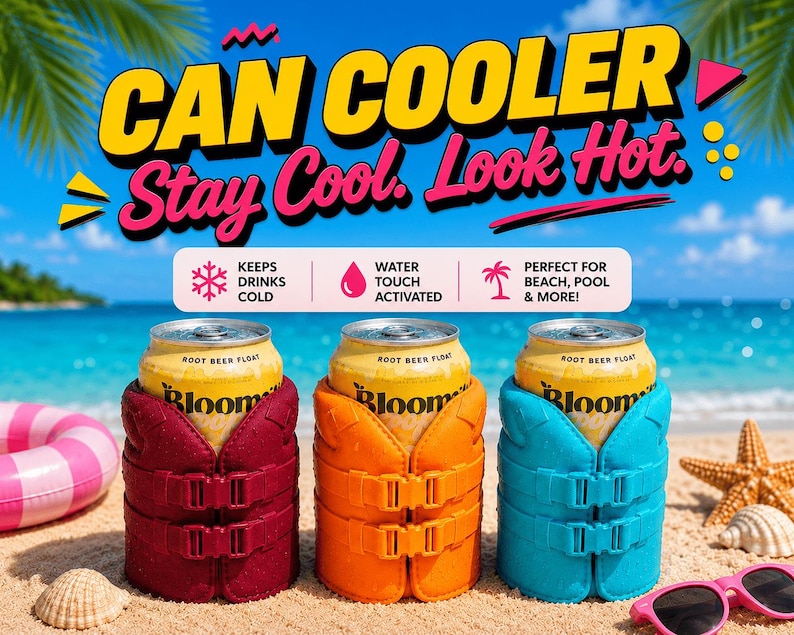 May include: Three cans of Root Beer Float in colorful can coolers on a sandy beach. The coolers are shaped like life vests in red, orange, and blue. The image includes text that says "CAN COOLER, Stay Cool. Look Hot."
