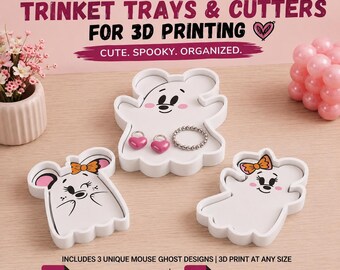 3-in-1 Mouse Ghost Trinket Tray & Cutter STL 3MF, Cute Spooky Halloween Jewelry Dish, Ring Holder 3D Print File, Multi-Use Digital Download