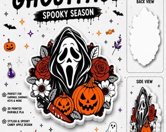 May include: A Ghostface trinket tray featuring a black and white masked figure surrounded by red roses, white flowers, and two orange jack-o'-lanterns. A small knife with a red blade is positioned at the bottom. Includes back and side views.