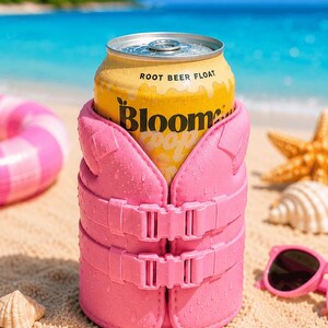May include: A yellow can of "Root Beer Float" soda is nestled in a pink life vest-style can cooler on a sandy beach. The cooler has two buckles and is surrounded by seashells, sunglasses, and a pink inflatable ring. The ocean and blue sky are in the background.