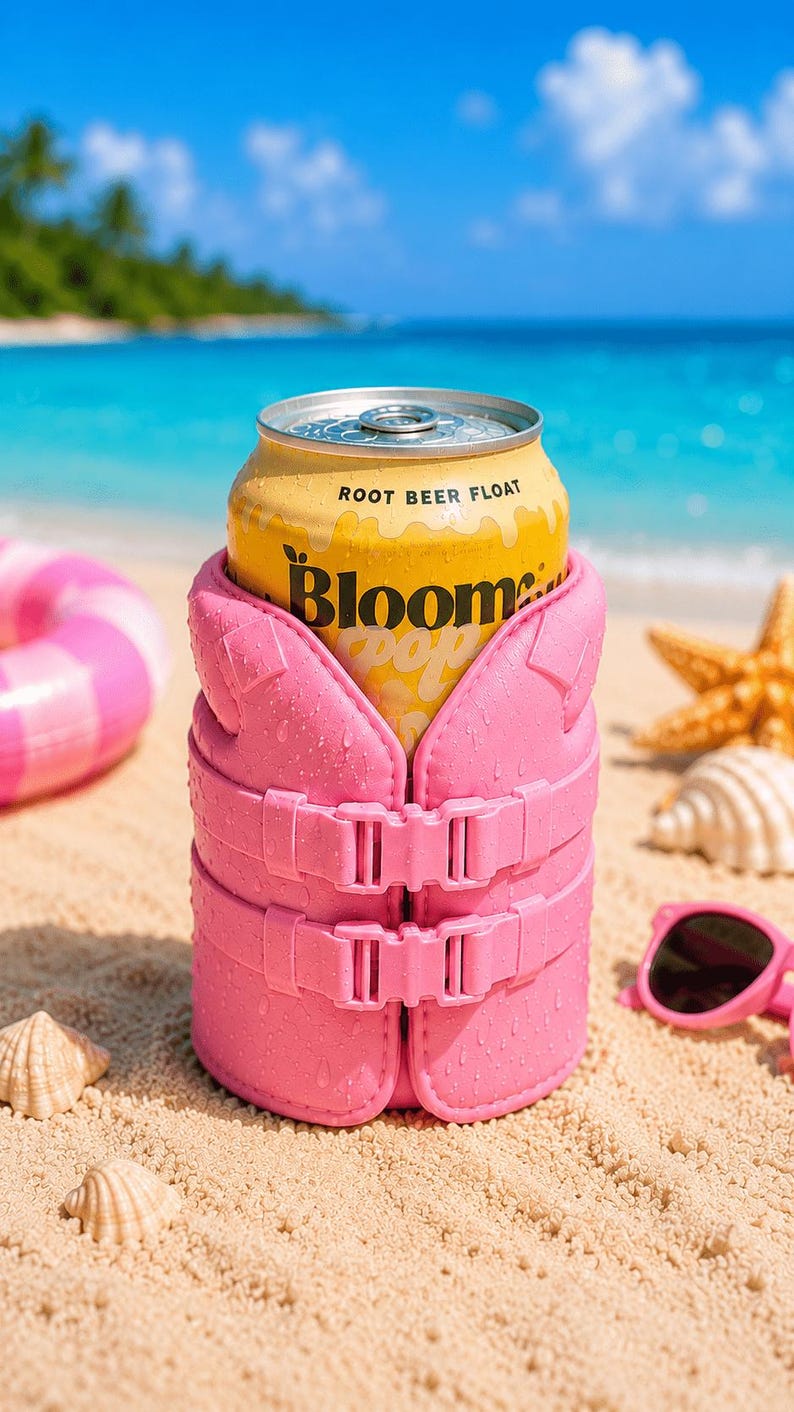 May include: A yellow can of "Root Beer Float" soda is nestled in a pink life vest-style can cooler on a sandy beach. The cooler has two buckles and is surrounded by seashells, sunglasses, and a pink inflatable ring. The ocean and blue sky are in the background.