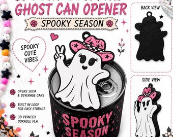 May include: A white ghost can opener wearing a pink cowboy hat with a black and white checkered band, making a peace sign. The product is shown from the front, back, and side, with text reading Spooky Cowgirl Ghost Can Opener and Spooky Season.