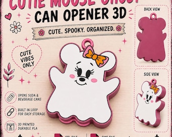May include: A white ghost-shaped can opener with a pink border, featuring a face with pink cheeks, eyelashes, and an orange bow. The text reads CUTIE MOUSE GHOST CAN OPENER 3D, CUTE. SPOOKY. ORGANIZED., CUTE VIBES ONLY, OPENS SODA & BEVERAGE CANS, BUILT IN LOOP.