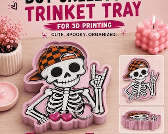 May include: A pink trinket tray featuring a skeleton wearing an orange and black checkered baseball cap, making a hand gesture. The tray is designed for 3D printing, with text reading BOY SKELETON TRINKET TRAY FOR 3D PRINTING CUTE. SPOOKY. ORGANIZED.
