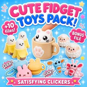 Può includere: Una collezione di giocattoli fidget colorati, tra cui banane, pecore, farfalle e un gatto in una tazza. Il testo "CUTE FIDGET TOYS PACK!" e "SATISFYING CLICKERS" sono visualizzati. L'immagine ha uno sfondo blu con stelle.