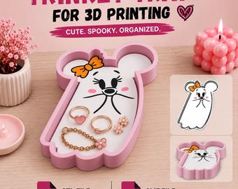 Cute Mouse Ghost Trinket Tray 3D Print File | Spooky Halloween Bead Organizer STL | Kawaii Jewelry Dish 3MF Digital Download