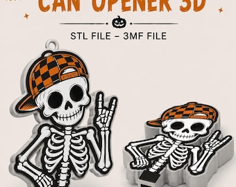 May include: A 3D printed skeleton can opener featuring a character wearing an orange and black checkered baseball cap, making a hand gesture. The text reads BOY SKELETON CAN OPENER 3D, STL FILE - 3MF FILE. The design includes a black square base.