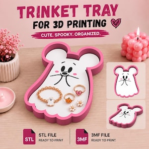 May include: A pink and white ghost-shaped trinket tray with a cartoon face, holding a gold chain bracelet, a heart ring, a pumpkin ring, and two flower rings. The text reads TRINKET TRAY FOR 3D PRINTING, CUTE. SPOOKY. ORGANIZED., STL FILE, and 3MF FILE.
