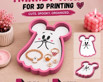 Cute Round Ear Ghost Trinket Tray 3D Print File | Kawaii Halloween Jewelry Dish STL | Pink Spooky Bead Organizer 3MF Digital Download