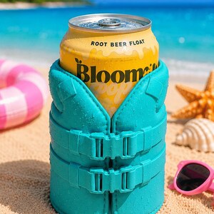May include: A yellow can of "Root Beer Float" soda in a teal life vest-shaped can cooler. The can cooler has two buckles and is on a sandy beach with the ocean in the background. Pink sunglasses and seashells are also visible.