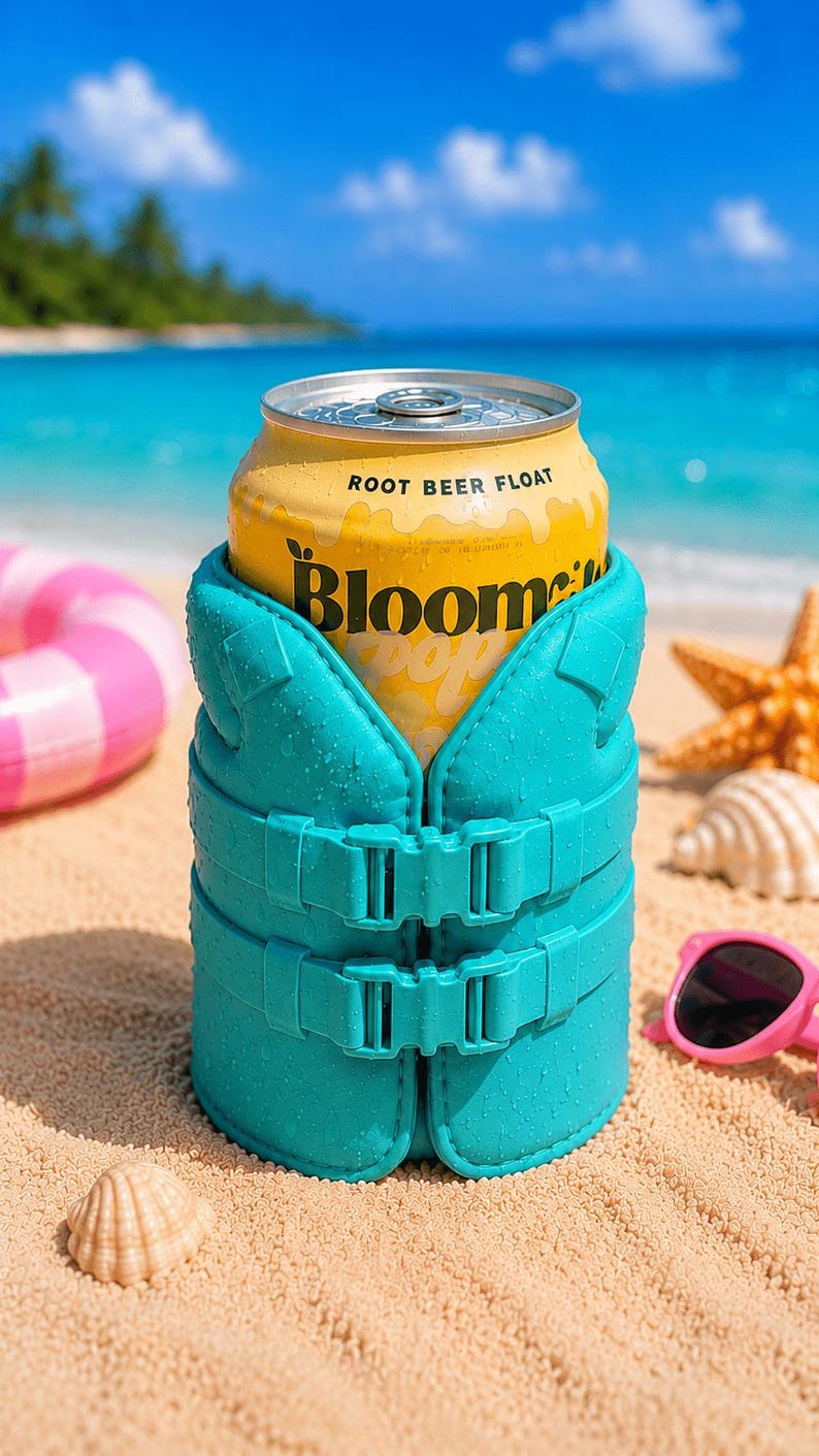 May include: A yellow can of "Root Beer Float" soda in a teal life vest-shaped can cooler. The can cooler has two buckles and is on a sandy beach with the ocean in the background. Pink sunglasses and seashells are also visible.