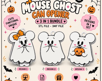 Mouse Ghost Can Opener STL 3MF Bundle | 3 in 1 Halloween Soda Tab Opener | Cute Spooky Nail Saver |Spooky Drink Tab Opener | 3D Print Files