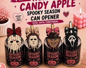 May include: Four horror-themed can openers featuring iconic movie character designs, each topped with a decorative bow. The openers are attached to black cans labeled Spooky Season with pumpkin graphics. The text reads 4 IN 1 HORROR CANDY APPLE.