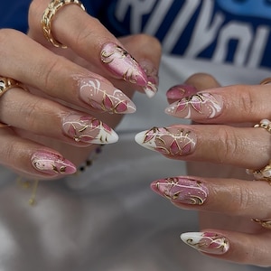 Baroque Luxury Floral & Gold Chrome Elegant Long Almond Press On Nails | Baby Pink Cat Eye Bridal Fake Nails | Glitter Nail Gems Artificial