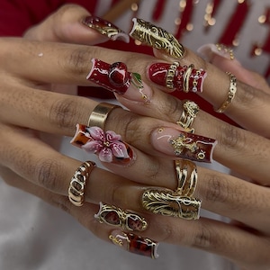 Burgundy 3D Cherry & Gold Jewelry Long Square Press On Nails | Luxury Maximalist Tortoiseshell And Floral Fake Nails | XL Vintage Glam Art