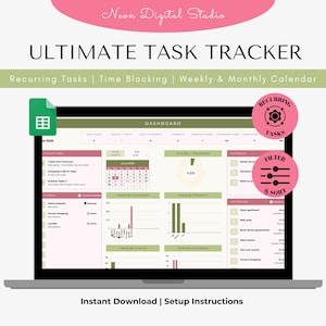 May include: A digital task tracker dashboard displayed on a laptop screen, featuring sections for recurring tasks, time blocking, and calendars. The interface uses a colour palette of sage green and soft pink, with charts, lists, and progress indicators.
