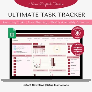 Könnte beinhalten: Ein digitales Aufgaben-Tracker-Dashboard auf einem Laptop-Bildschirm mit Kalender, Fortschrittsdiagrammen und Aufgabenlisten in Kastanienbraun und Rosa. Der Text umfasst Neon Digital Studio, ULTIMATE TASK TRACKER, Recurring Tasks, Time Blocking, Weekly & Monthly Calendar, Recurring Tasks, Filter & Sort und Instant Download.
