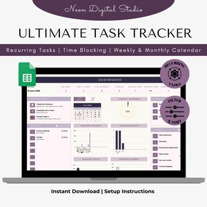 May include: A digital task tracker dashboard displayed on a laptop screen, featuring sections for notifications, a calendar, overall progress, and task lists. The interface includes text labels like Ultimate Task Tracker, Recurring Tasks, and Filter & Sort.