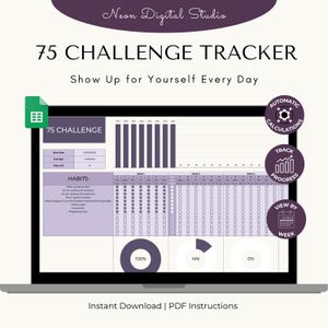 May include: A digital 75 Challenge tracker displayed on a laptop screen, featuring a habit checklist, progress bar charts, and circular percentage indicators. The interface includes text labels like 75 CHALLENGE, HABITS, and automatic calculation icons.