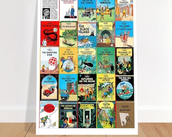 Poster d'epoca "Le avventure di Tintin" - Tutte le copertine in inglese - 1980