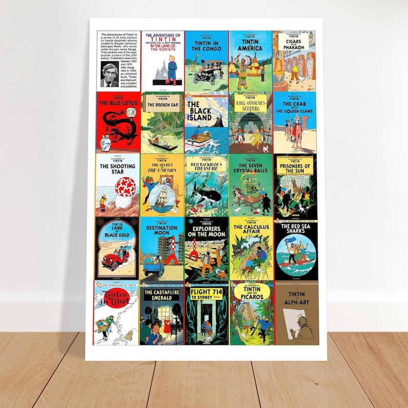 Vintage Poster "The Adventures of Tintin" - All covers in English - 1980 A2 (42 x 59.4  cm)