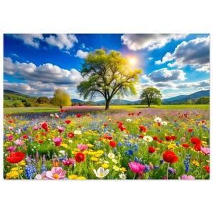 Peut inclure: Une peinture de paysage vibrante d'une prairie de fleurs sauvages sous un ciel bleu vif avec des nuages blancs et duveteux. Le champ est rempli de fleurs colorées, dont des coquelicots rouges, des fleurs roses, jaunes et bleues. Deux grands arbres se dressent au loin, baignés de soleil.