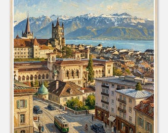"Lausanne" Poster | Illustration of the city of Lausanne in the 1930s | Wooden Frame Included | Exclusive