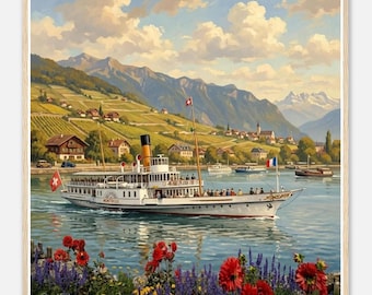 "Montreux" Poster | Illustration of Lake Geneva in Switzerland from the 1930s | Wooden Frame Included | Exclusive