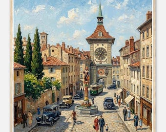 "Bern"-affisch | Illustration av staden Bern på 1930-talet | Träram ingår | Exklusivt