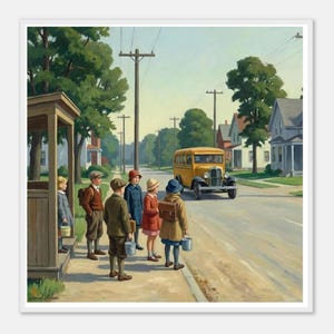 Könnte beinhalten: Illustration von Kindern, die an einer Bushaltestelle auf einen gelben Schulbus warten. Die Kinder tragen Mäntel und Hüte und halten Eimer. Der Bus parkt am Straßenrand vor Häusern.