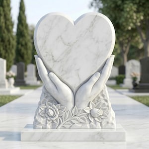 May include: A white marble memorial with a heart-shaped centerpiece held by sculpted hands. The base features carved roses and foliage. The background shows a cemetery with other headstones and trees.