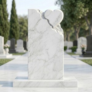May include: A white marble headstone with a heart-shaped design carved into the top. The headstone is rectangular with a rough, textured edge and sits on a rectangular base. The background shows a cemetery with other headstones and trees.
