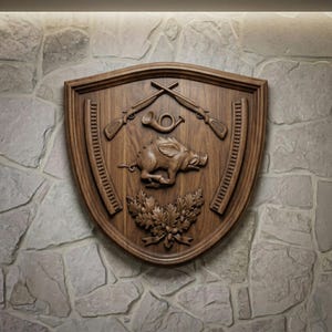 Boar Hunting Shield STL File - Rustic Trophy Relief 3D Model - Lodge Wall Decor Design for CNC