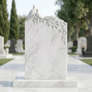 Könnte beinhalten: Ein weißer Marmor-Grabstein mit rechteckiger Form, verziert mit geschnitzten Details von zwei Tauben und floralen Elementen. Der Grabstein steht auf einem passenden Marmorsockel, mit einem Friedhofshintergrund.