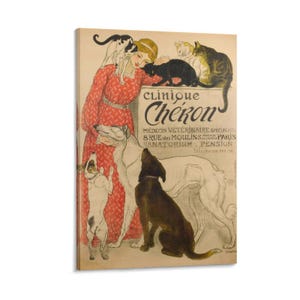 Op de afbeelding: Vintage advertentie voor Clinique Chéron, een dierenkliniek in Parijs. Het kunstwerk toont een vrouw in een rode jurk met katten en honden. De tekst bevat de naam, het adres en het telefoonnummer van de kliniek.