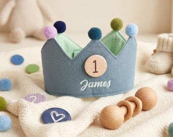 Aangepaste handgeborduurde verjaardagskroon, eerste verjaardagsfeestje babyhoedje, verjaardagskroon met naam, gepersonaliseerde peuterkroon Cake Smash Crown