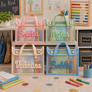 Personalized A4 Clear Handle Folder, Waterproof Transparent School Book Bag, Custom Name Homework Organizer for Kids Library Document Bag