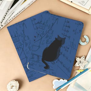 Puede incluir: Dos cuadernos azules con una silueta de gato negro y ecuaciones matemáticas. Los cuadernos están abiertos, revelando las páginas interiores. El fondo es de color beige claro con objetos decorativos.