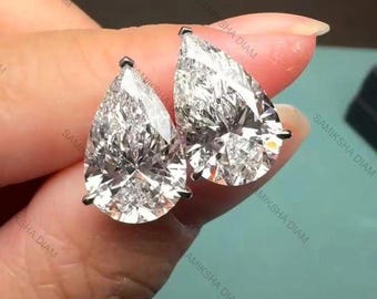 IGI Certified Pear Lab Diamond Stud Earrings/ 3 Carat Each Pear Shape / Pear Cut Man-Made Diamond Earrings / Dainty Solitaire Wedding Studs