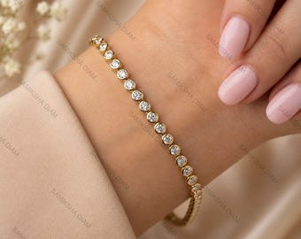 Brilliant Round Cut Moissanite Diamond Tennis Bracelet Bezel Setting 18k Yellow Gold Bracelet for Women Wedding Bridal Jewelry Gift for Her