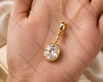 2 CT Elongated Old Mine Cut Lab Diamond Pendant Necklace 14K Solid Gold Collet Set Charm Necklace Bridal Jewelry Gift for Wife Only Pendant