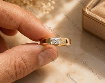 Klassieke stralend geslepen diamant herenring East West halve bezel set 14K gouden brede band solitaire verlovingsring jubileumcadeau voor echtgenoot