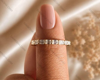 East to West Emerald Cut Wedding Band for Women, Shared Prong Full Eternity Moissanite Band, Dainty Stacking Anniversary Band