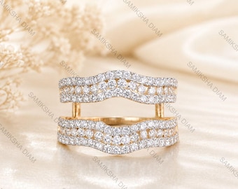 Round Cut Lab Grown Diamond Enhancer for Engagement Ring, Three Row Enhancers Band, Wraps Guard Ring Jacket, Matching Band, Wedding Gifts