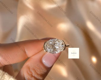 4 CT East West Oval Diamond Engagement Ring, Half Bezel Ring, IGI Certified Lab Grown Diamond, Solitaire Band, Ring for Women, Gifts for Her