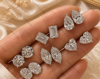 Moissanite Stud Earrings, Prong Set Minimalist Solitaires in White Gold Plated Lab-Grown Diamond Option Available Perfect for Everyday Wear
