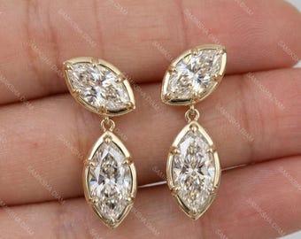 5 TCW Marquise Cut Moissanite Drop Earrings, 925 Silver Bezel Prong Set Classic Earrings, Screw Back Lock Earrings