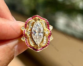 Pink Ruby Halo Diamond Ring, Unique 12x6 MM Marquise Cut Moissanite Anniversary Ring, Bezel Set Modern Ring, 18k Gold Vintage Art Deco Ring
