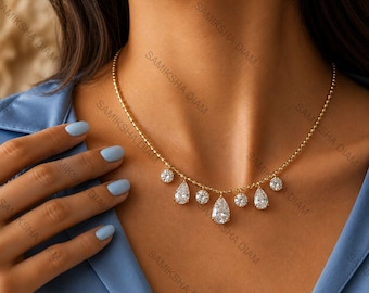 Delicated 7 Stone Free Bare Floating Diamond Necklace 18k Solid Gold Beaded Chain Drilled Lab Diamond Station Necklace “Dance Me” Collection