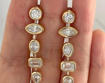 Mixed Shape Moissanite Dangle Earrings, Horizontal Diamond Wedding Earrings, Bezel Set Women's Earrings, Sterling Silver Screw Back Earrings